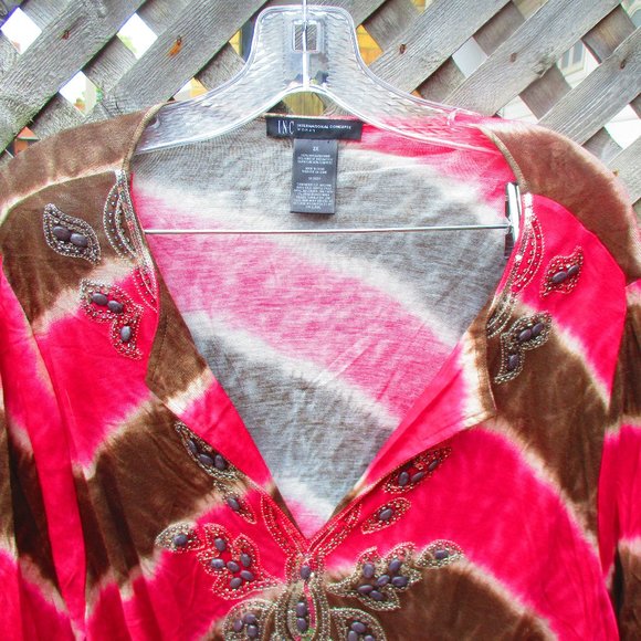 INC Pink & Brown Tie Dye Tunic w/ Bead Accents 2X - Picture 2 of 11